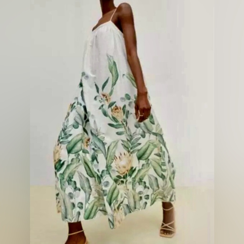 Linen Blend Palm Leaf Print Midi  Summer Smock Dress (SKU501)